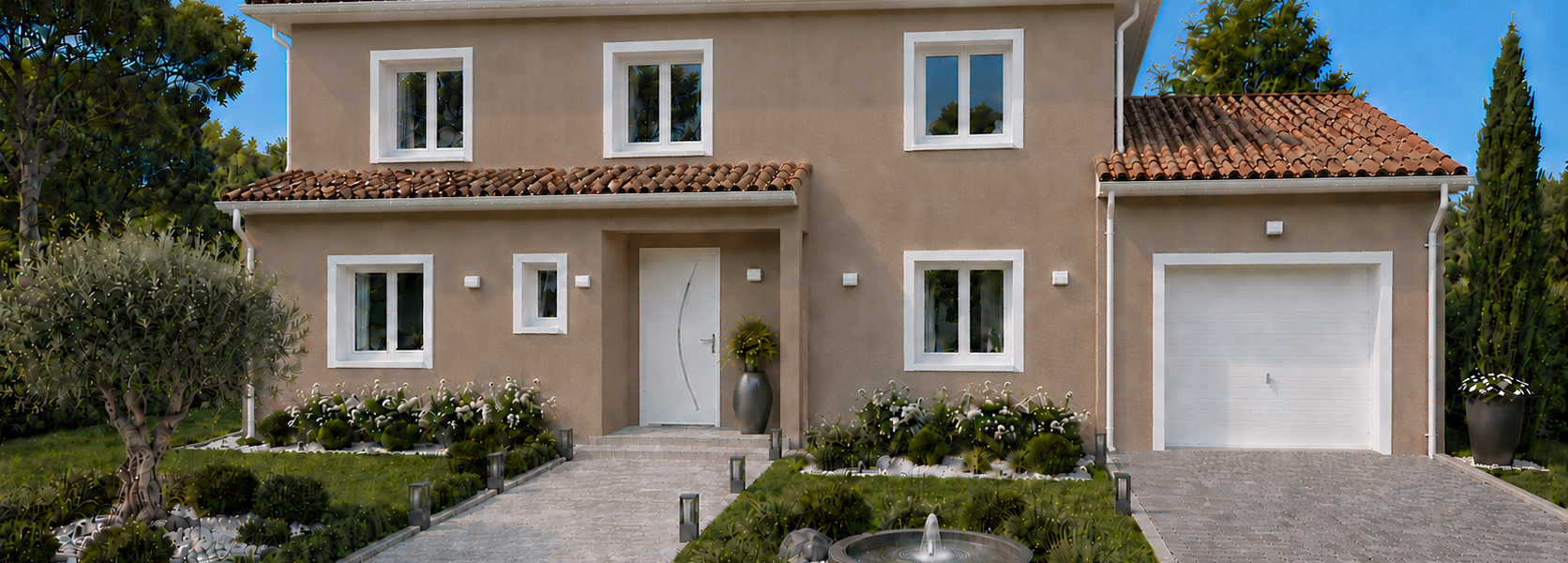 Façade avant du modèle de maison Laura à étage avec garage intégré