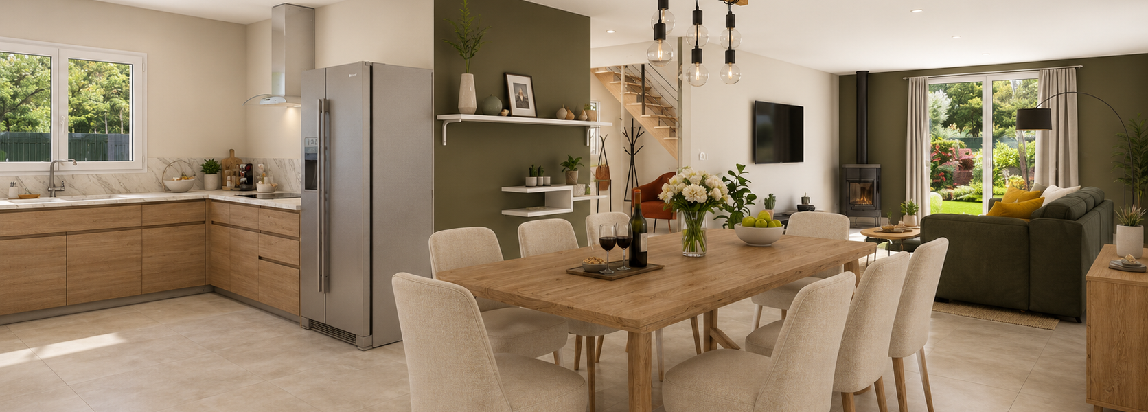 Intérieur du modèle de maison Laura avec salle à manger et cuisine ouverte