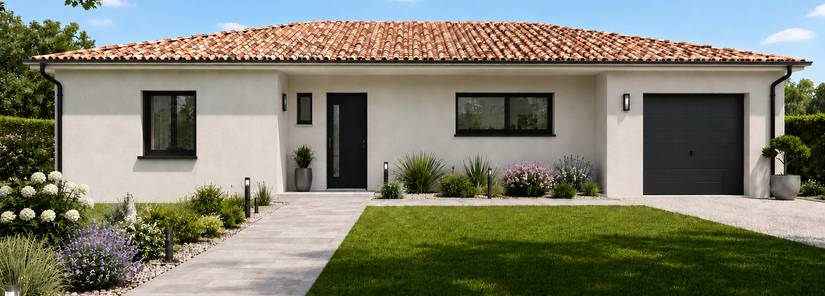 Façade avant de la maison de plain-pied modèle Ava avec jardin