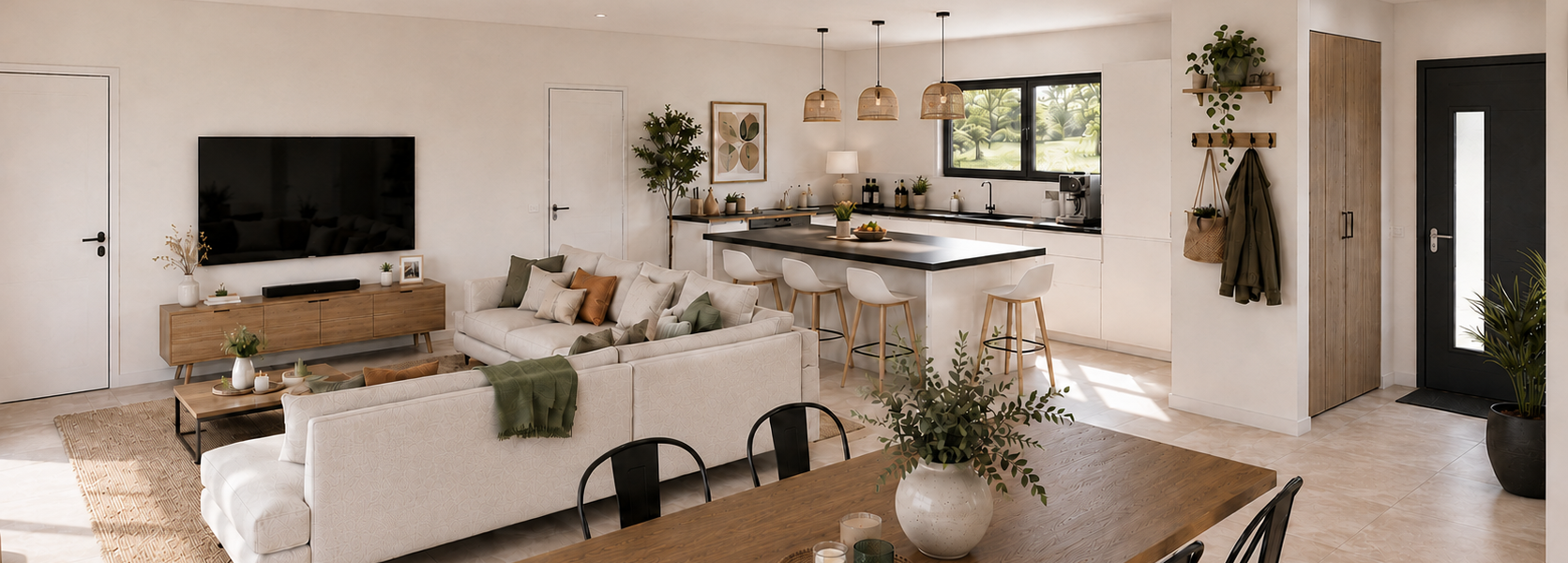 Pièce de vie lumineuse du modèle Ava avec cuisine ouverte, salon et salle à manger