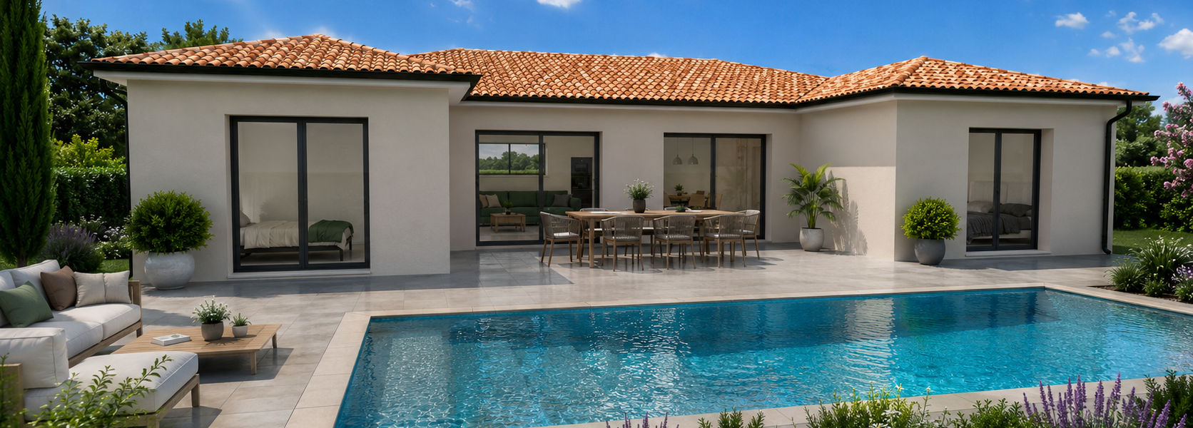 Maison moderne de plain-pied modèle Ava avec terrasse et piscine